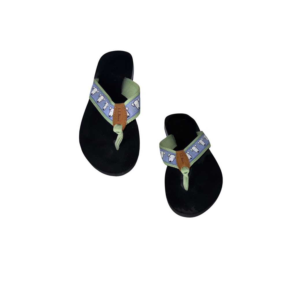 LL Bean Womens 8 Dog Print Ribbon Thong Sandals Black Blue Green